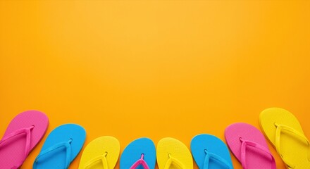 Colorful flip flops arranged on yellow background forming bottom border. Flat lay image. Summer vacation and beach footwear concept. Image for banner, poster and promotional materials with copy space