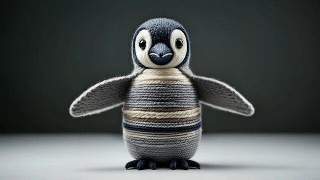 Cute handmade knitted penguin toy standing on neutral background with outstretched wings