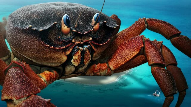 Giant crab emerges from coconut shell on tropical island beach