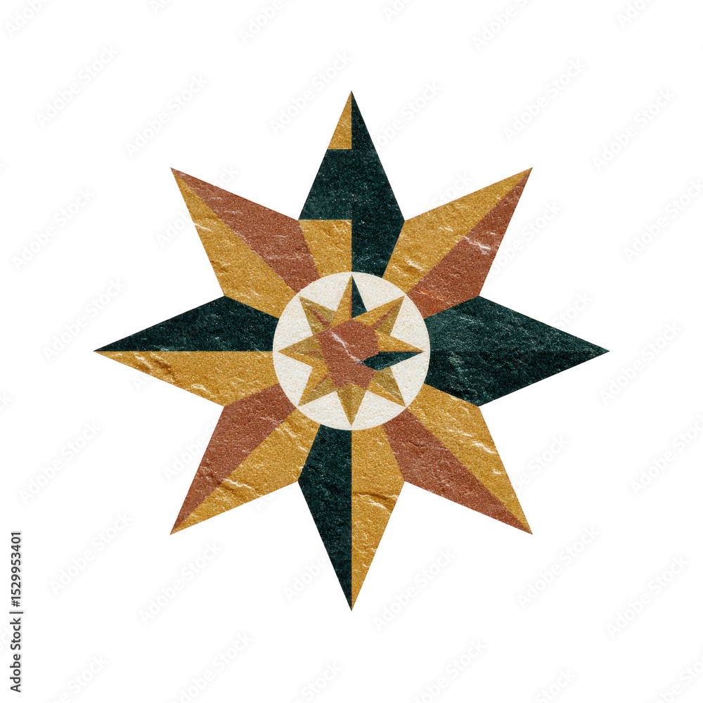 Poster geometric star design with eight points features textured, multicolored pattern in shades of gold, b