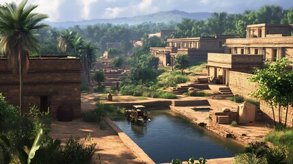 Ancient Indian Indus Valley Civilization brick homes early city planning public baths carts and farmers authentic attire archaeological accuracy photorealistic bronze age setting