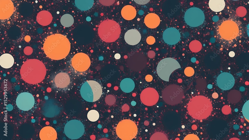 Poster a scattered array of colorful circles on a dark background with smaller dots scattered around them