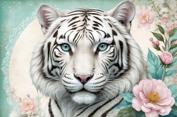 Majestic white tiger surrounded by beautiful flowers in a serene botanical setting