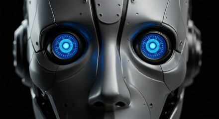 Close-up view of a robotic head with glowing blue eyes set against a black backdrop. Metallic texture is visible