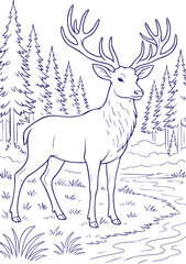 Deer standing by forest stream in black and white line art