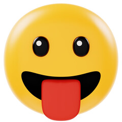 happy smiley face with tongue out  3d icon in cartoon plastic style minimal isolated on transparent white background, clipping path	