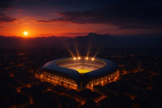 Soccer stadium shining bright during sunset over the city of Bergamo