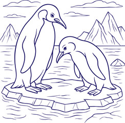 Two penguins on ice floe in polar landscape line art style