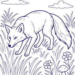 Fox in grassy meadow with flowers in black and white line art