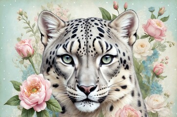 A majestic snow leopard gazes directly at the viewer, framed by colorful flowers