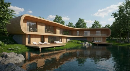 Obraz premium Modern, curved wooden house nestled lakeside, surrounded by lush greenery and reflecting in calm water