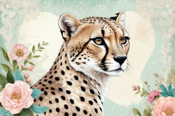 Cheetah portrait with floral accents in a soft pastel background capturing the essence of nature and elegance