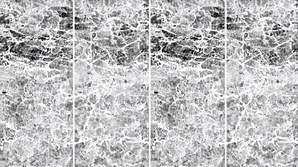 A grayscale abstract image depicting a cracked, textured surface, divided into four vertical sections with subtle variations in the pattern, creating a visually complex yet unified composition