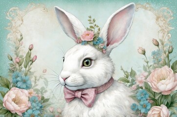 White rabbit with flower crown and bow tie in a floral setting during springtime
