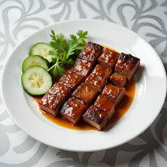 Sliced Glazed Pork with Cucumber Garnish on White Plate.