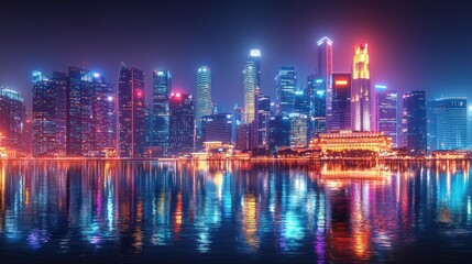 Fototapeta premium City skyline glows, water reflection