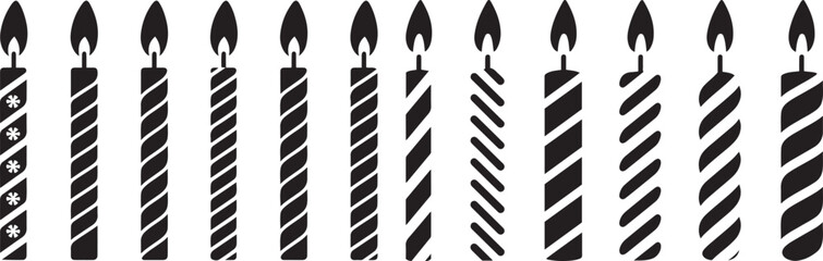 Set of different decorated birthday candles silhouettes, simple shapes with unique patterns, clean white background, vector design