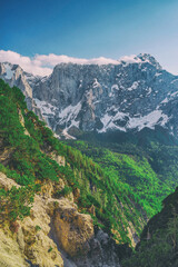 Scenic summer landscape of Mangart mountain (2679m), Triglav National Park, Julian Alps, Europe	