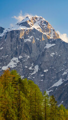 Scenic summer landscape of Mangart mountain (2679m), Triglav National Park, Julian Alps, Europe	