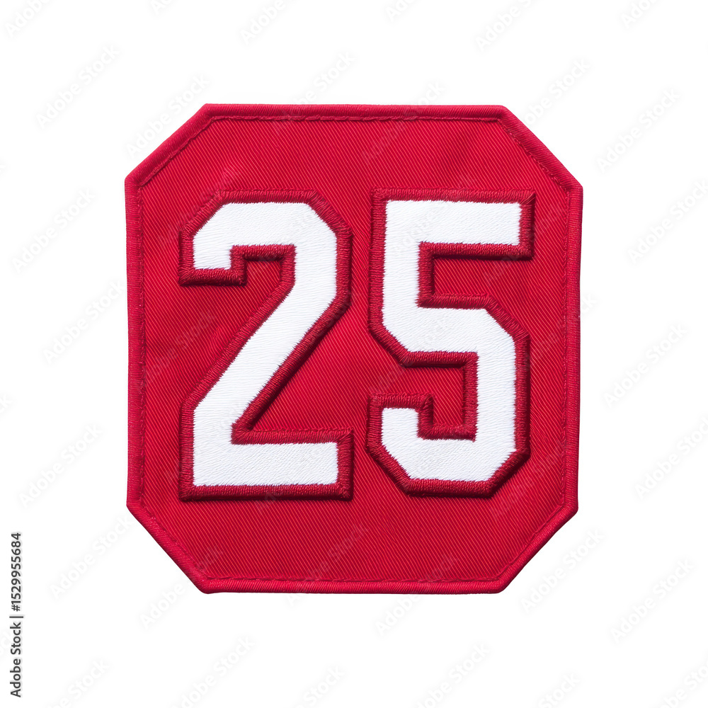 Poster red embroidered patch with number 25 in bold white stitching, often used for sports jerseys or team 