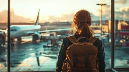 Person at airport window watches airplane.