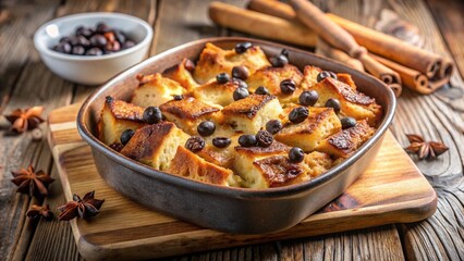 Warm bread pudding with raisins, cinnamon topping, baked golden, and served with vanilla sauce.