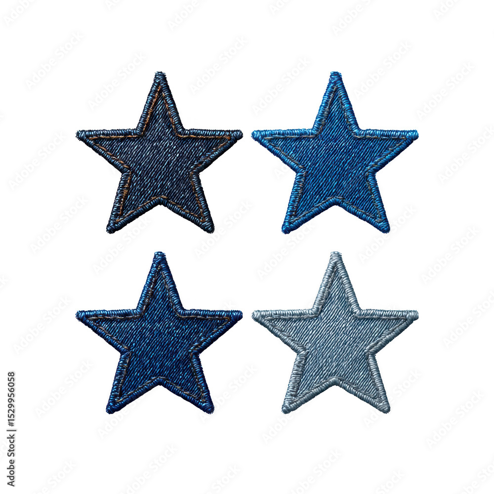 Poster four embroidered stars in varying shades of blue and gray are arranged in grid pattern on transparen