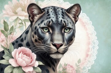 Beautiful leopard adorned with flowers on a pastel background highlighting its striking features and elegance