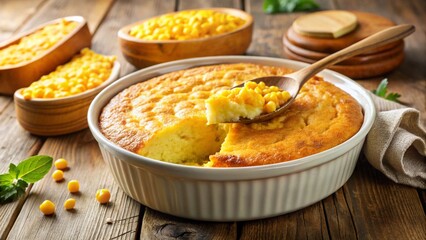 Yellow corn pudding bowl with baked top, creamy texture, sweet corn kernels, and golden edges.