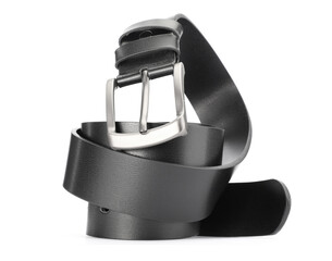 One black leather belt isolated on white