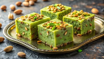 Pistachio halva block with green-tinted swirls, crumbly texture, and nut-studded surface on plate.
