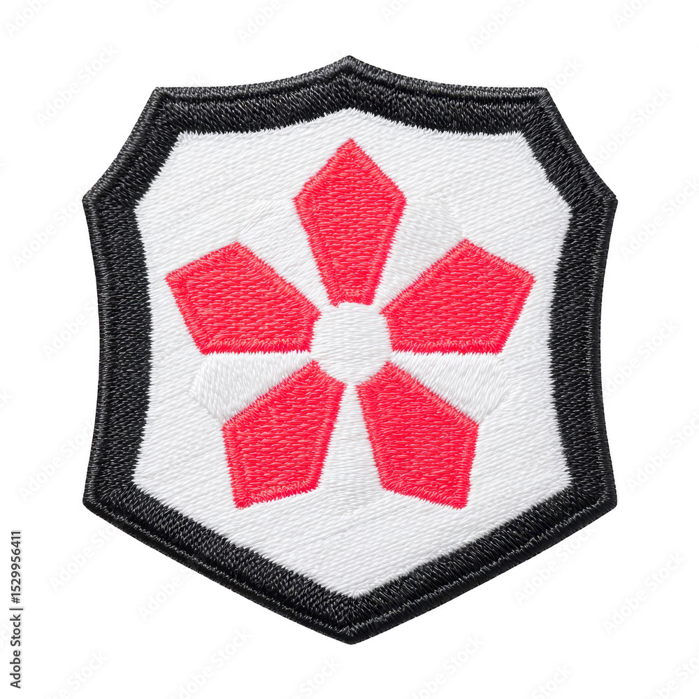 Poster this shows embroidered patch featuring red geometric flower design transparency background, bordered