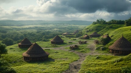 Bronze Age European settlement circular huts bronze weapons animal domestication wooden carts thatched roofs grassy terrain early human civilization in rich photorealistic style