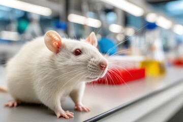A white laboratory rat wanders across a clean lab table, surrounded by colorful liquids in containers and various scientific equipment under bright artificial lights.
