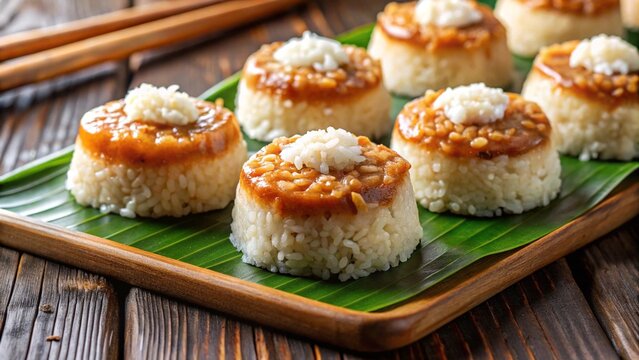 Filipino kutsinta rice cakes with brown gelatinous texture, topped with grated coconut and served warm.