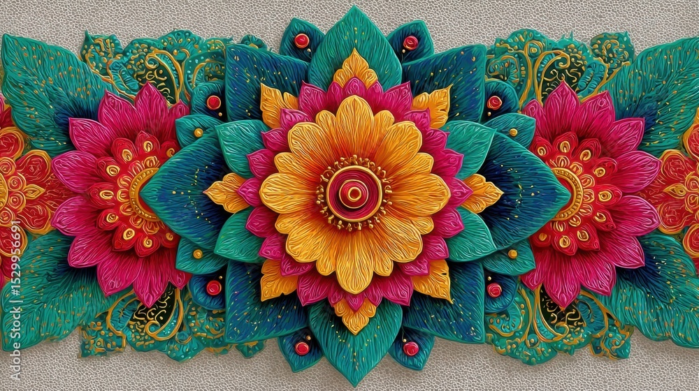 Poster a colorful flower design with a gold center. the flowers are arranged in a row and are of different 