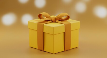 Fototapeta premium A golden square gift box with a golden ribbon, sitting on a bokeh background