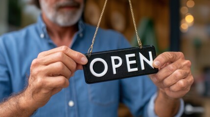Business owner displays an open sign outside a charming local shop, welcoming customers with a warm smile. Bright light enhances the inviting atmosphere of the establishment during the day.