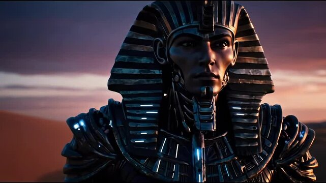 Ancient pharaoh awakening: futuristic armor gleams in desert sunset