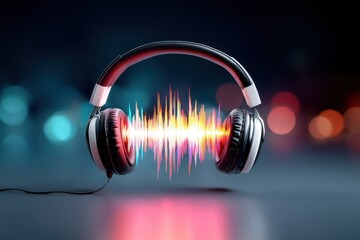 Headphones display pulsating sound waves in bright colors, set against a blurred background filled with vibrant lights. This creative representation merges technology and art.