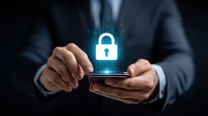 A person dressed in formal attire interacts with a smartphone, displaying a glowing lock symbol above the device, indicating a focus on mobile security in today's technology-driven world.