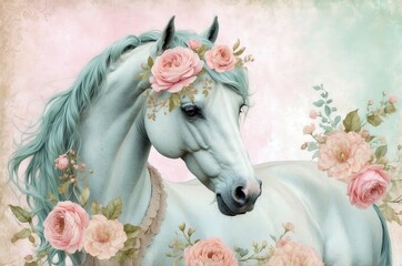 Majestic white horse adorned with roses and floral elements in a serene pastel setting