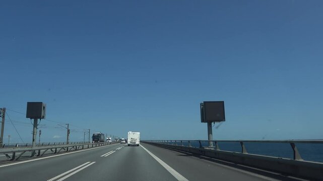 Odense, Denmark A view from a car driving over the Storeb&aelig;lt, or Great Belt Bridge.