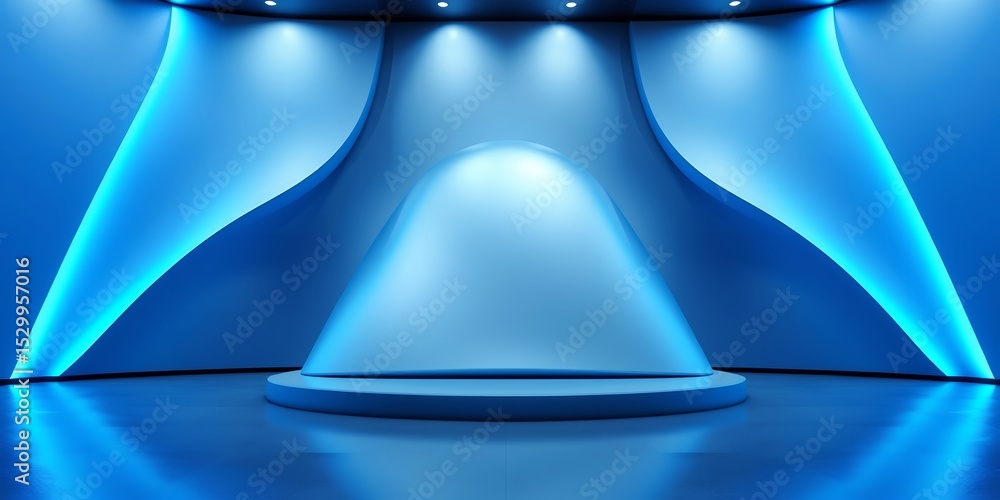 Poster a blue illuminated stage with a circular platform and curved walls under spotlighting effect