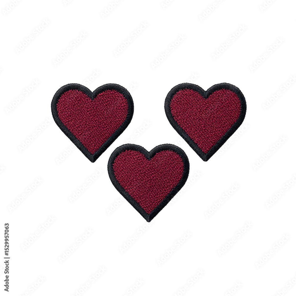 Poster three maroon heart patches with black borders are arranged in triangular pattern, creating charming 