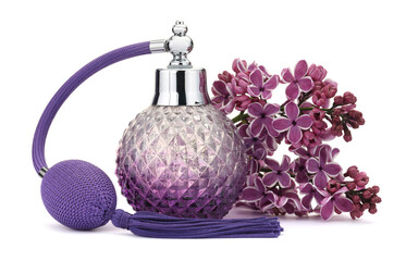Bottle of luxury perfume and lilac flowers isolated on white