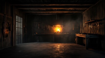 Historical Viking blacksmith shop iron tools leather aprons glowing forge wooden walls cultural authenticity photorealistic Scandinavian craftsmanship