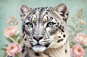 Beautiful snow leopard portrait surrounded by colorful flowers in a tranquil setting