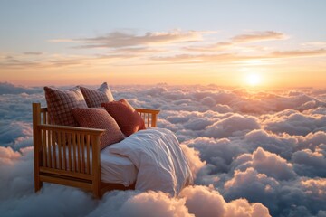 A cozy wooden bed adorned with pillows rests on soft, fluffy clouds, illuminated by a breathtaking sunset. The warm hues blend beautifully, evoking a sense of calm and wonder.