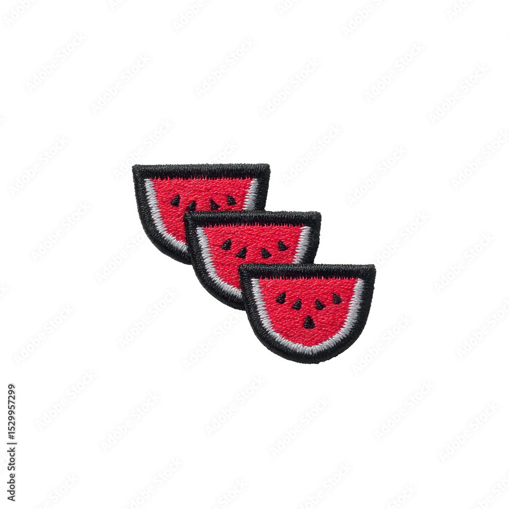 Poster three embroidered watermelon slice patches are arranged playful pattern, showcasing vibrant red and 